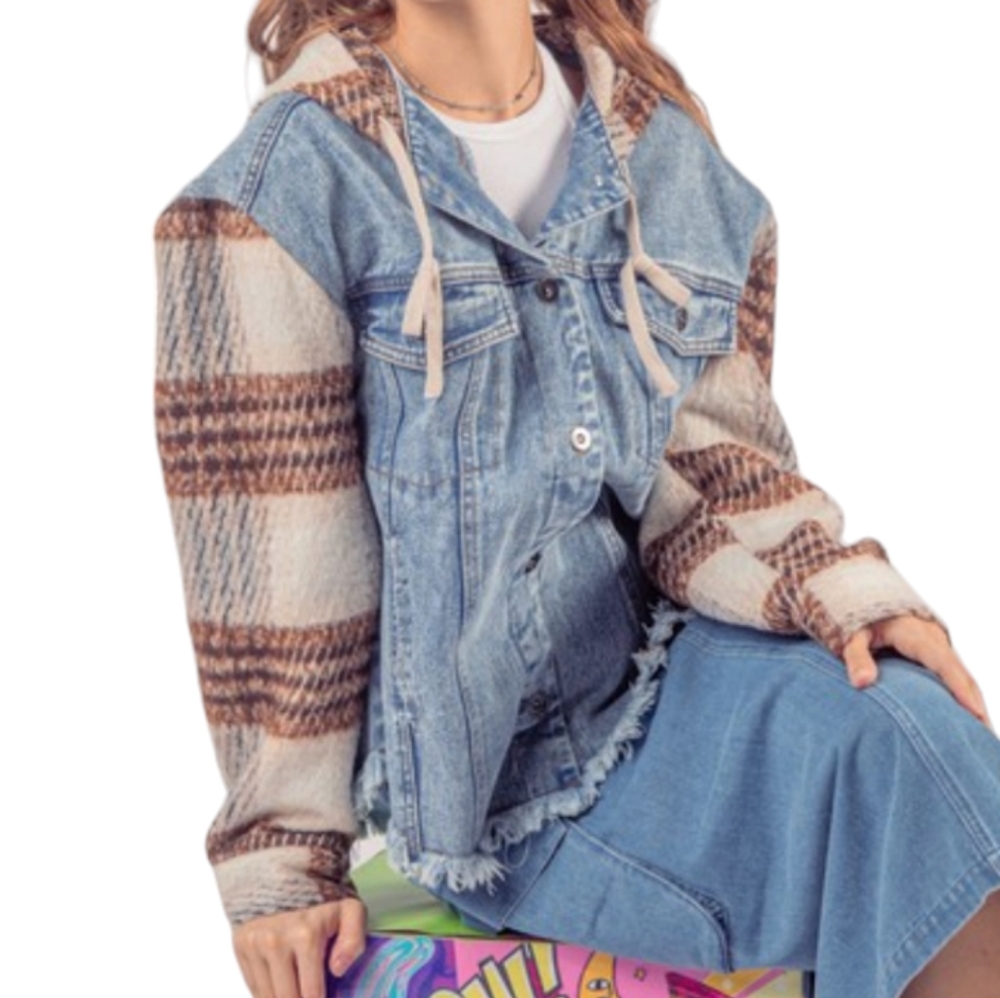 Women's Indigo Denim Jacket Plaid Sleeves Hooded NWT - (#0110)